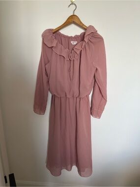 Mauve Ruffle-Neck Chiffon Midi Dress